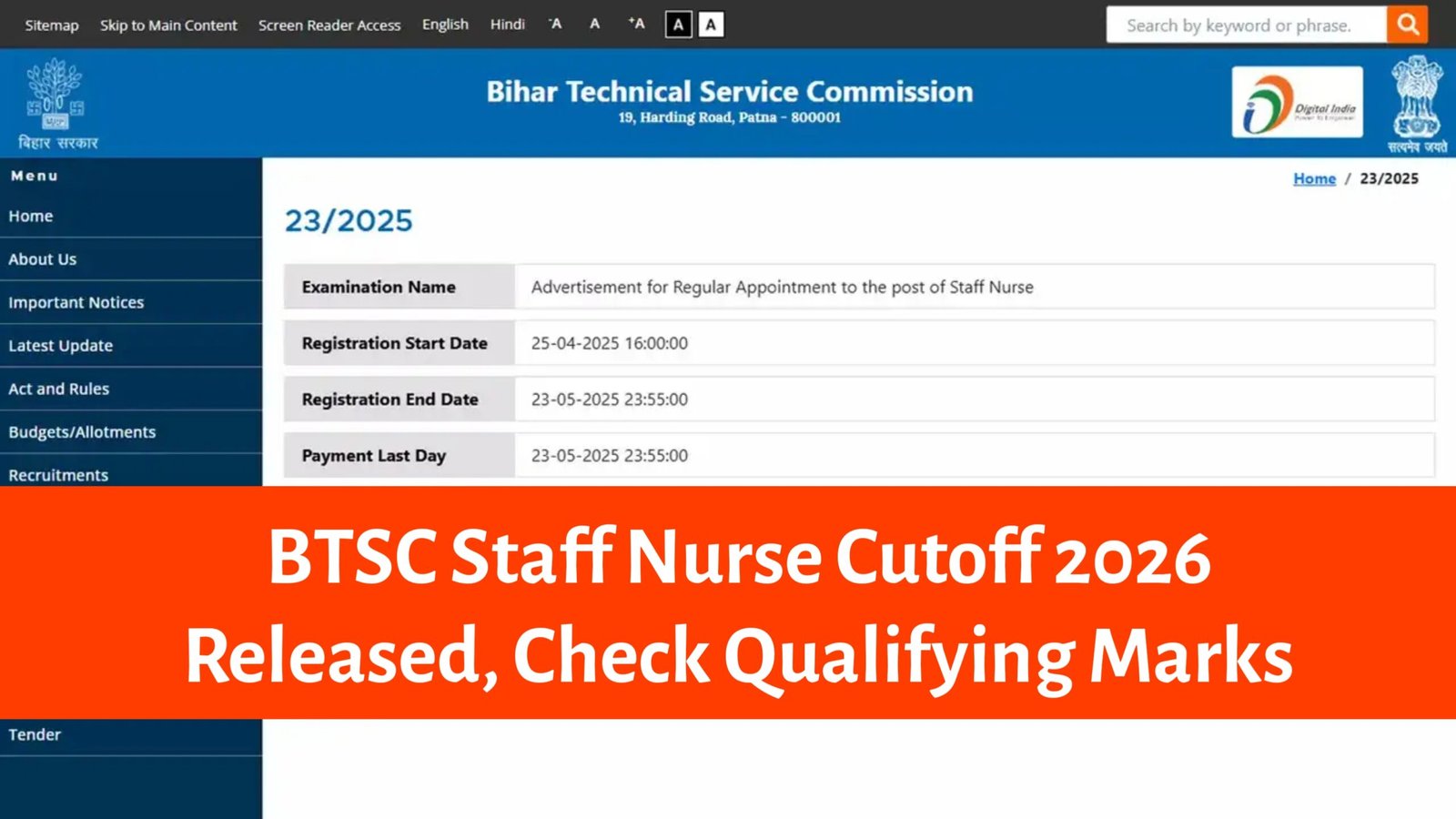 BTSC Staff Nurse Cutoff 2026