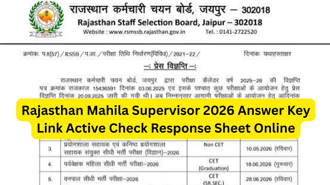 Rajasthan Mahila Supervisor 2026 Answer Key Link Active Check Response Sheet Online