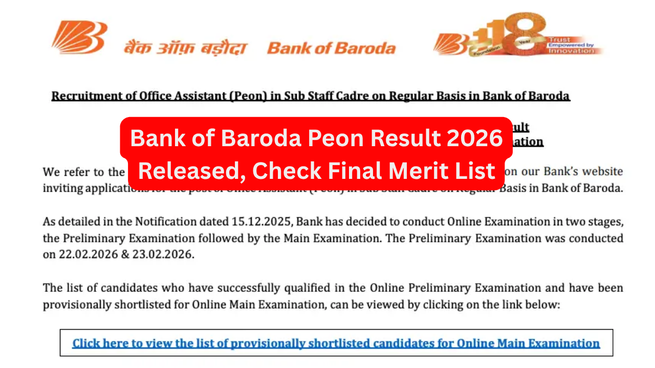 Bank of Baroda Peon Result 2026 Released, Check Final Merit List