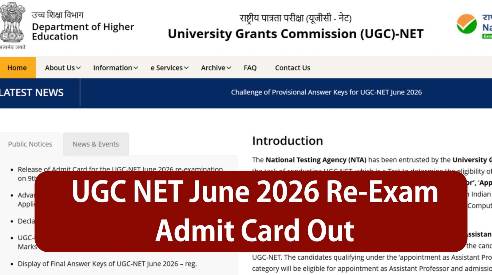 UGC NET June 2026 Re-Exam Admit Card Out